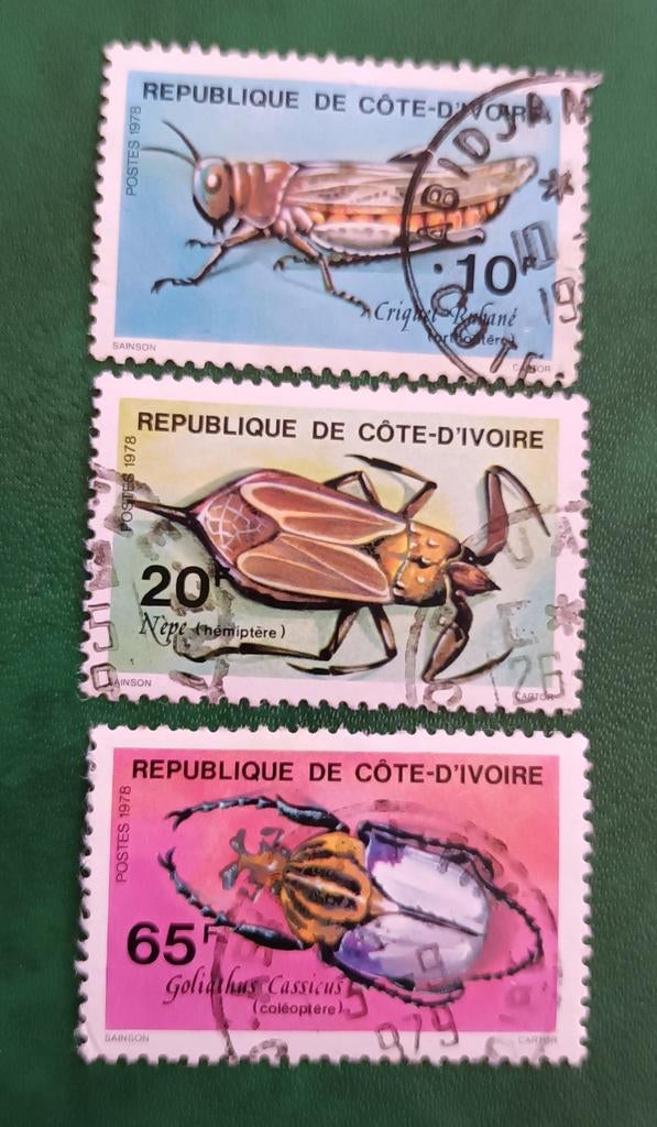 Ivoorkust 3 pzs insecten, Verzenden, Overige landen, Gestempeld