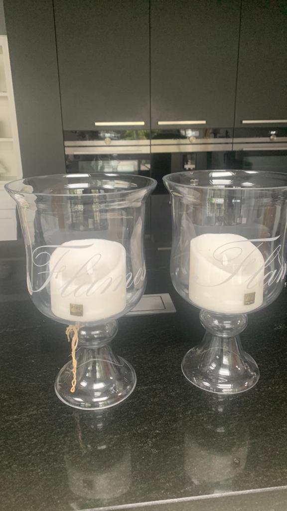Twee mooie glazen kandelaars riviera maison look, Ophalen of Verzenden, Zo goed als nieuw
