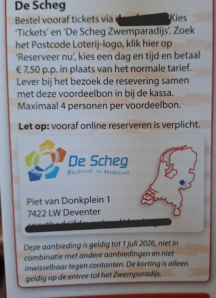 De Scheg Deventer zwembad entree 7.50 pp, Tickets en Kaartjes, Drie personen of meer, Kortingsbon