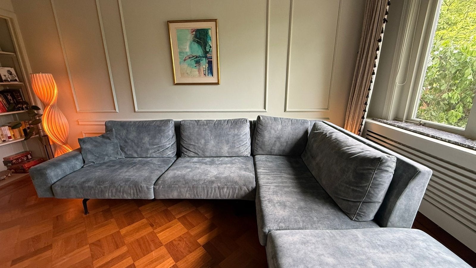 Moderne Hoekbank - Grijs blauw Stof, Ophalen, 250 tot 300 cm, 100 tot 125 cm, Hoekbank