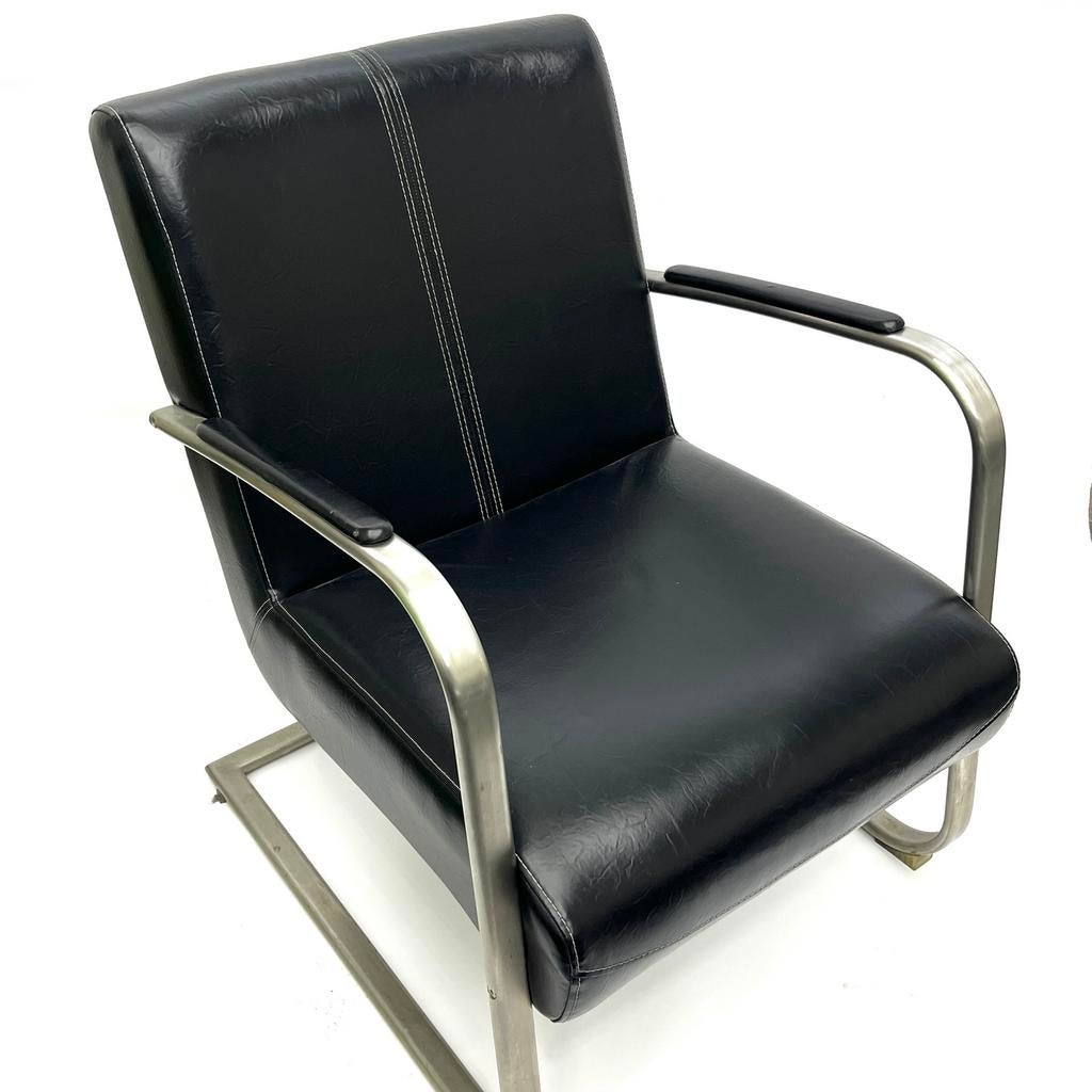 4x Fauteuil Zwart Leer met Metalen Frame, Ophalen, Gebruikt, Minder dan 75 cm, Leer