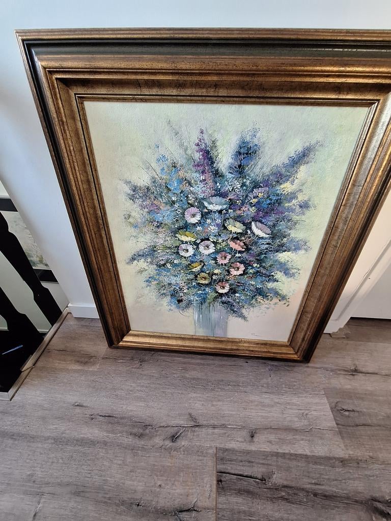 Groot bloemstilleven olieverf op doek Rick Theunissen, Antiek en Kunst, Kunst | Schilderijen | Klassiek, Ophalen