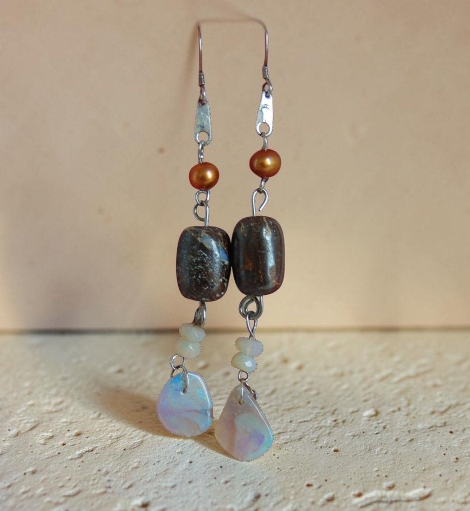 Mooie 7,5 cm lange 925 zilver boulder OPAAL parel oorbellen!, Sieraden, Tassen en Uiterlijk, Hangers, Overige kleuren, Verzenden