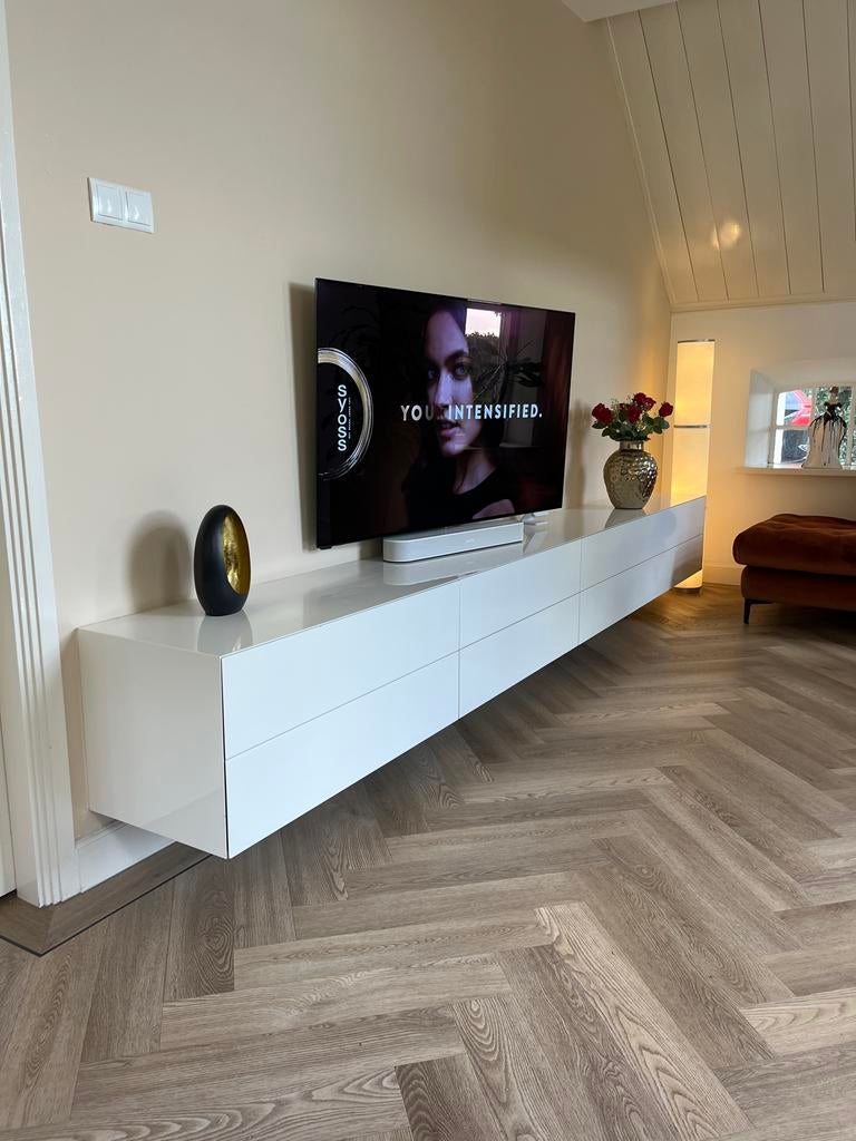 Design TV kast ARTYX hoogglans wit met lades en kleppen, Ophalen, Kunststof, Zo goed als nieuw, 200 cm of meer