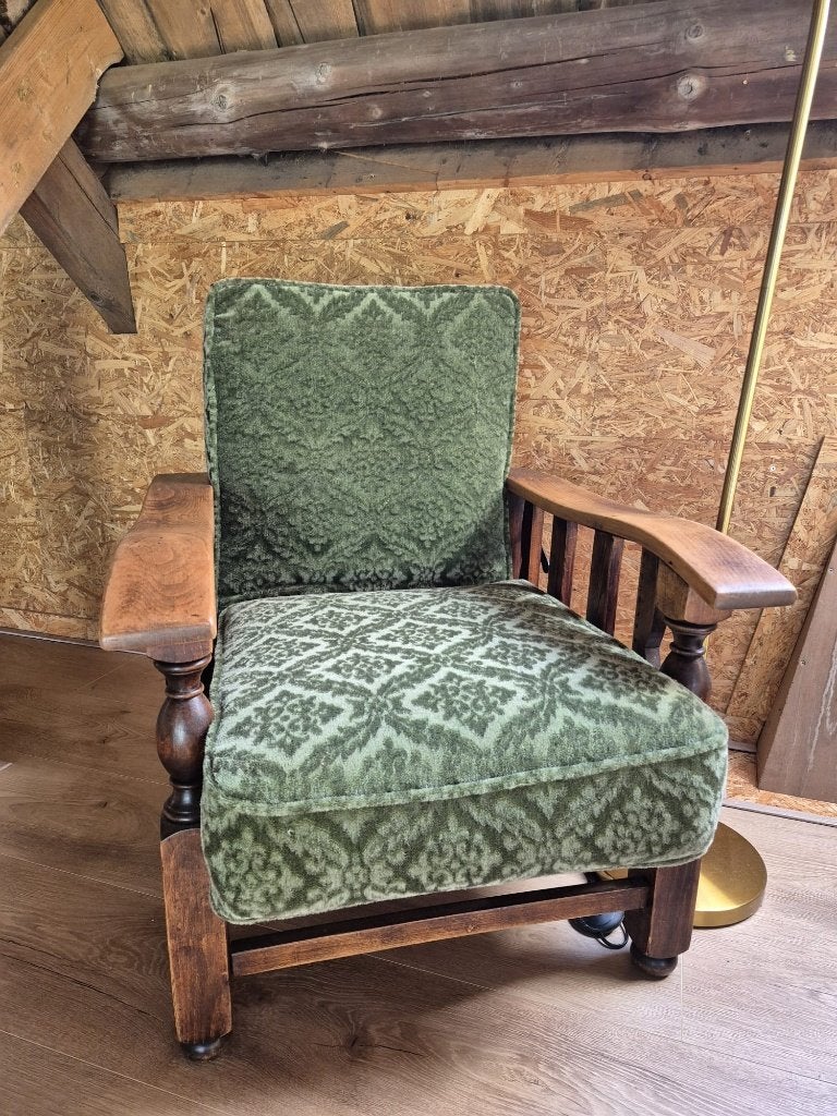 Fauteuil/rookstoel met groene bekleding en houten frame, Ophalen, Hout, Gebruikt, Vintage, Klassiek, Retro