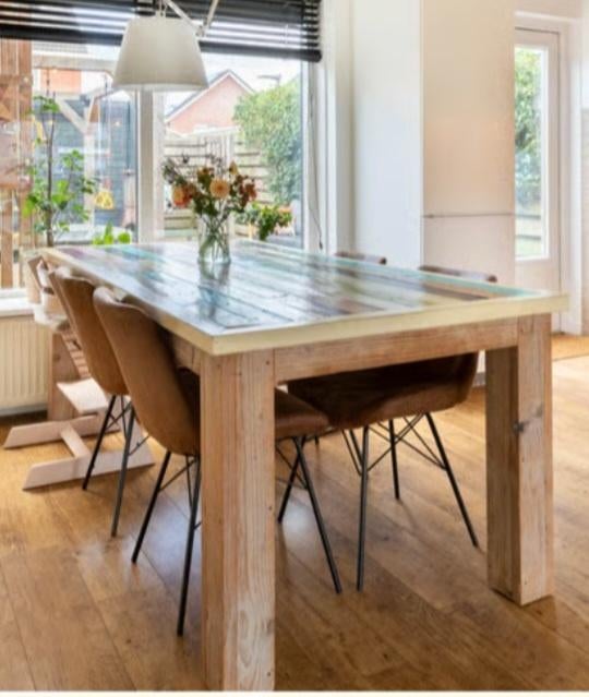 Steigerhouten eettafel, Ophalen, Gebruikt, 50 tot 100 cm, Vijf personen of meer