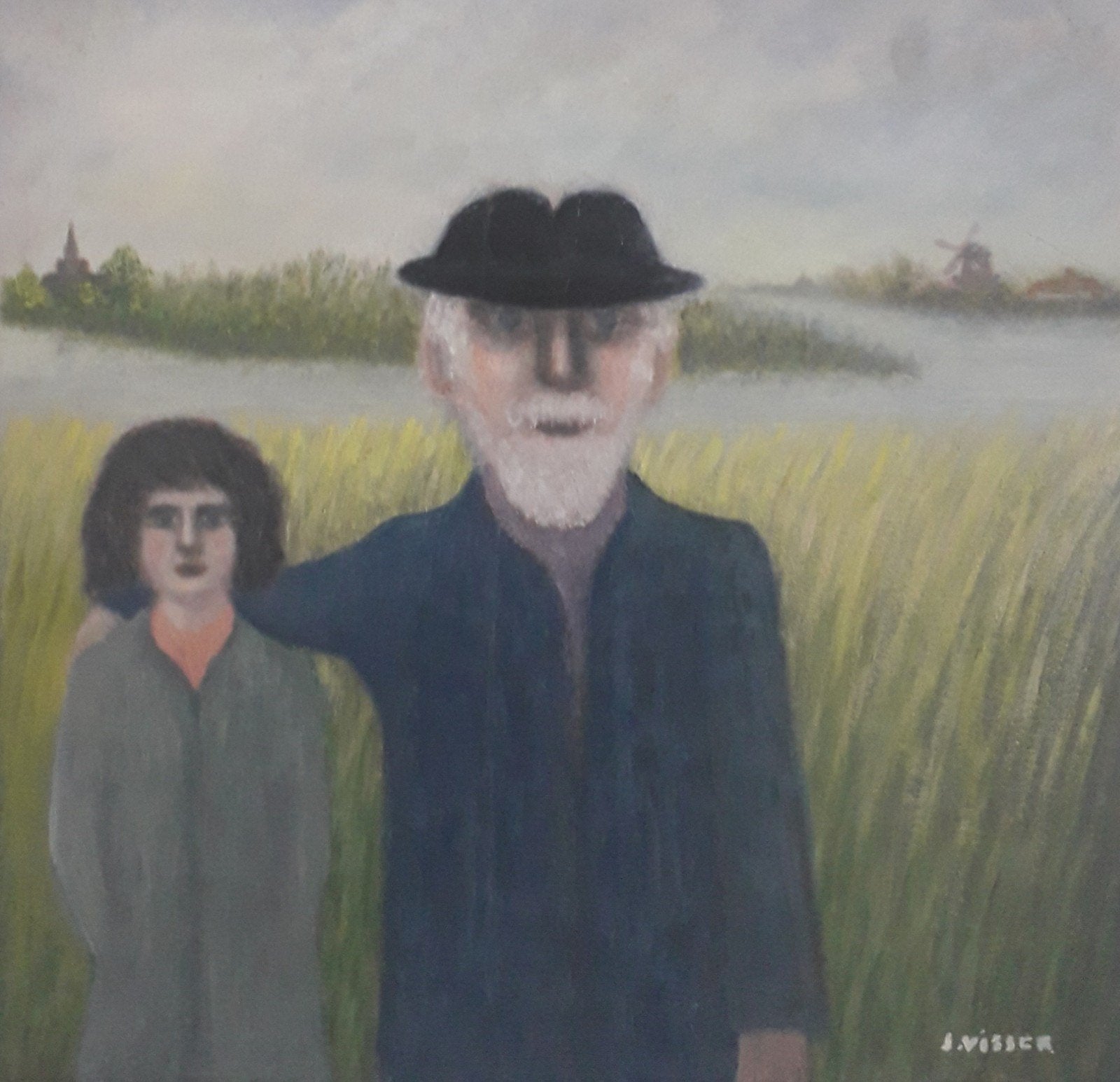 MEISJE EN MAN MET HOEDJE STAAN SAMEN AAN WATER 🌊 2 FIGUREN, Antiek en Kunst, Kunst | Schilderijen | Klassiek, Portret of Personen
