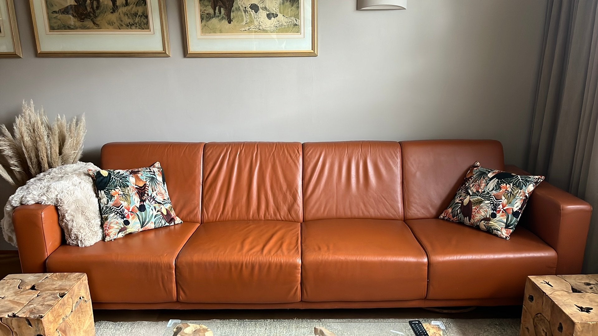 4-zitsbank van Montel, hoge kwaliteit, kleur cognac, Huis en Inrichting, 250 tot 300 cm, Gebruikt, Ophalen of Verzenden, Rechte bank