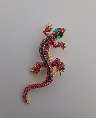 Goudkleurige broche salamander roze met groene oogjes, Sieraden, Tassen en Uiterlijk, Broches, Verzenden, Nieuw, Roze, Overige materialen