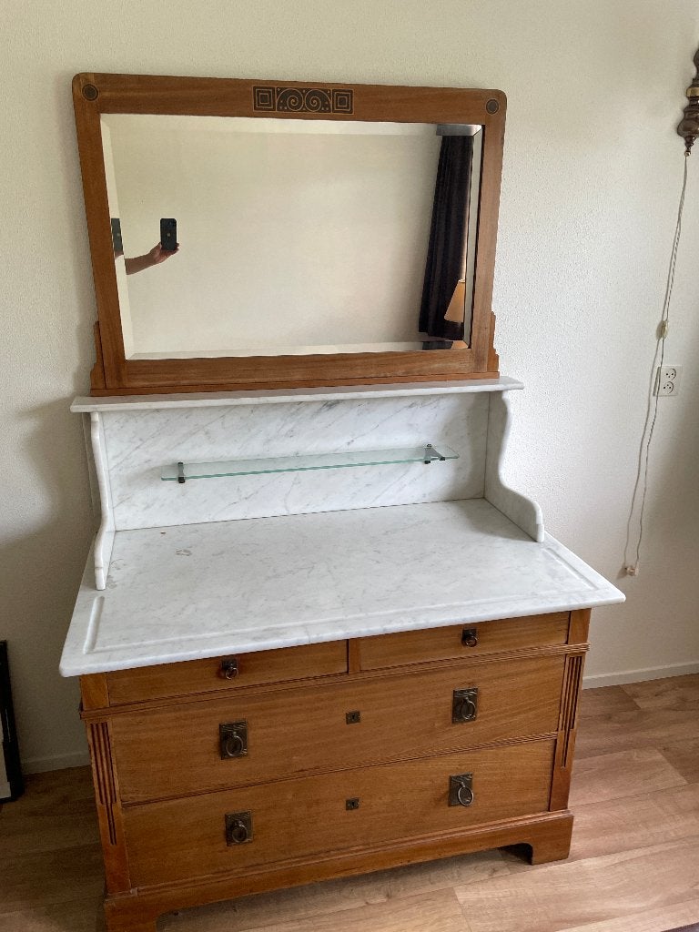 Antiek houten dressoir/commode met marmeren blad en spiegel, Ophalen, Gebruikt, 100 tot 150 cm, Klassiek, Antiek