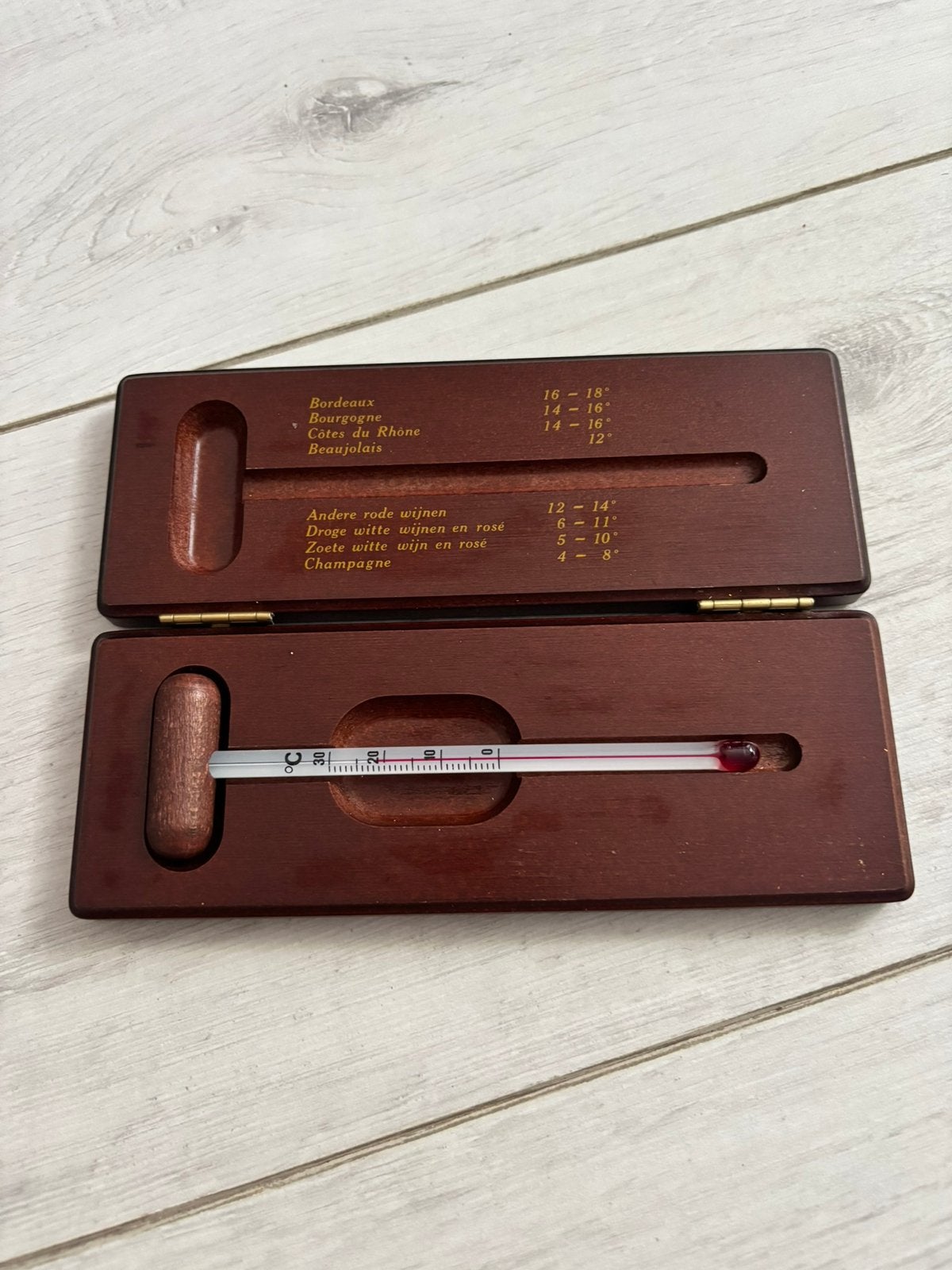 Vintage wijnthermometer in houten kistje, Ophalen of Verzenden