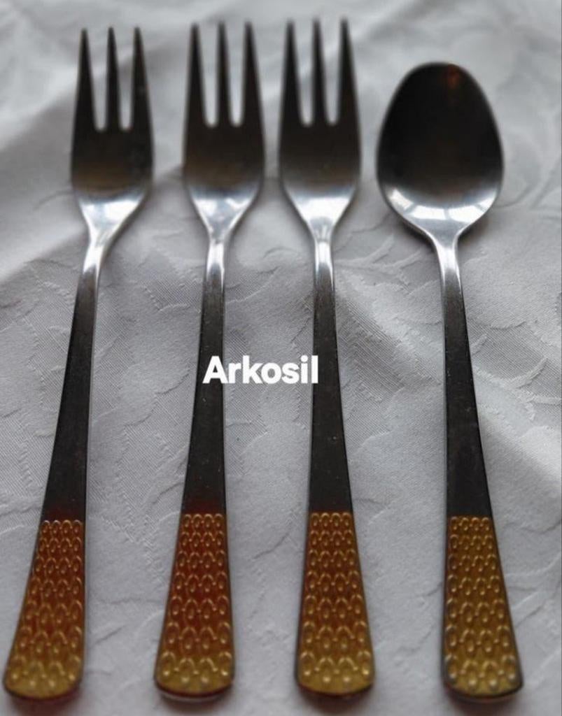 Arkosil 18/8 taart vorkjes gouden bewerkte handvatten, Ophalen of Verzenden, Rvs of Chroom