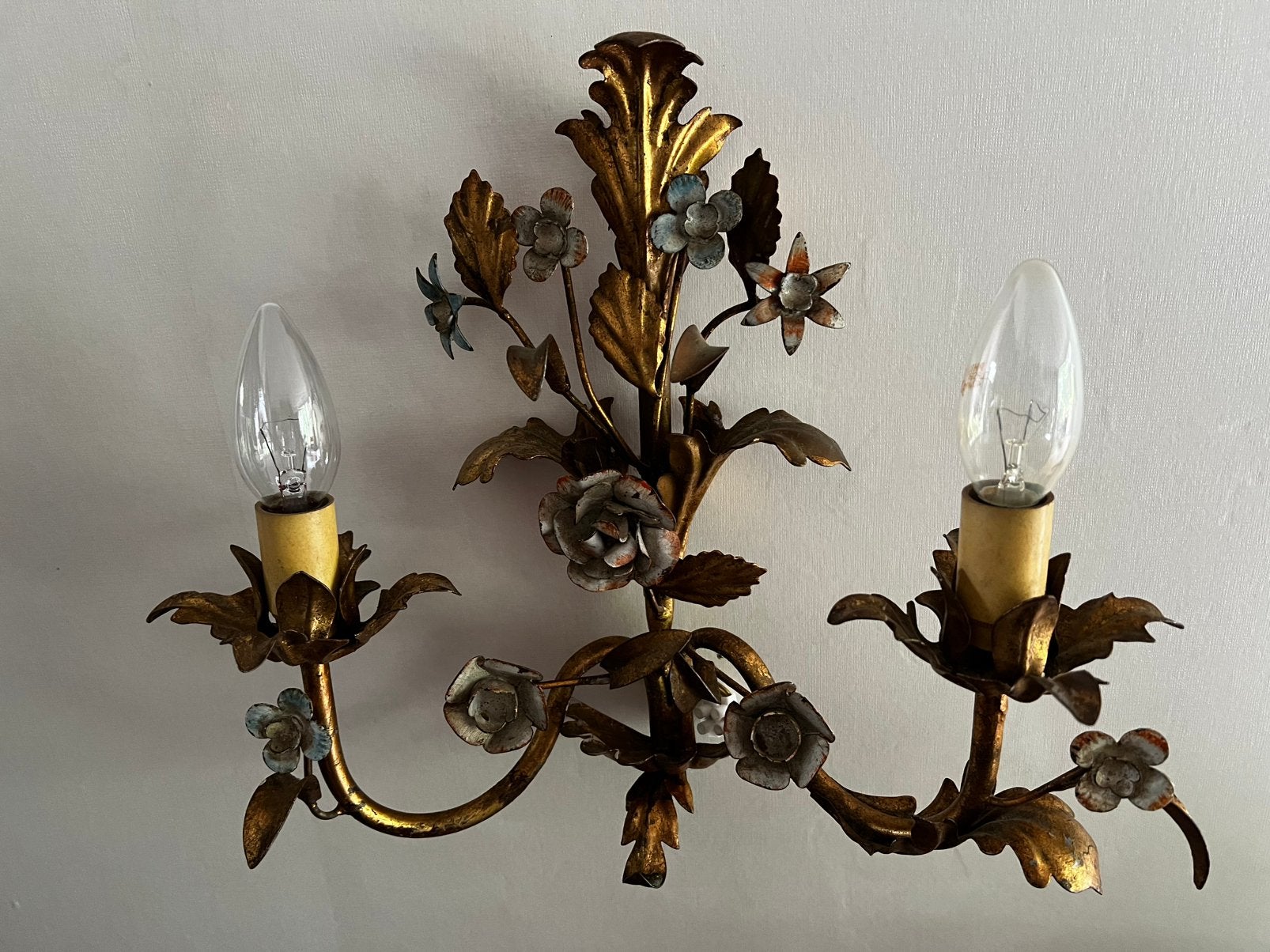 Vintage Florentijns Toleware Wandlamp Verguld Bloemen 50’s, Ophalen of Verzenden