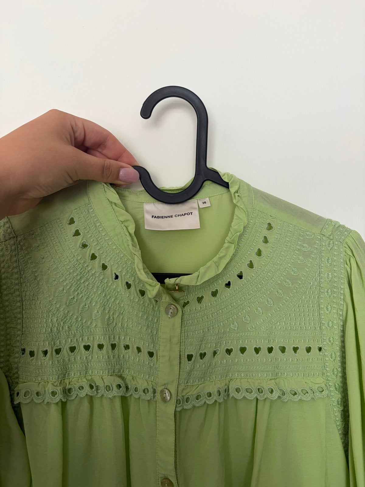 Fabienne Chapot blouse met hartjes borduursel, Ophalen of Verzenden, Zo goed als nieuw, Maat 38/40 (M), Groen