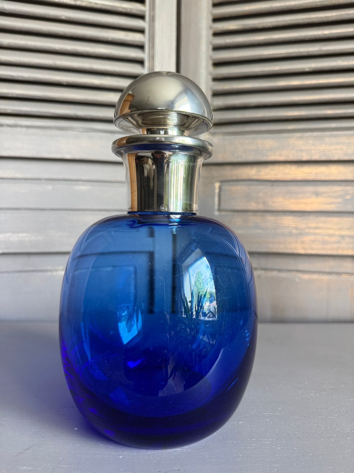 Cobalt design glazen fles/vaas m zilveren hals en keurteken, Ophalen of Verzenden