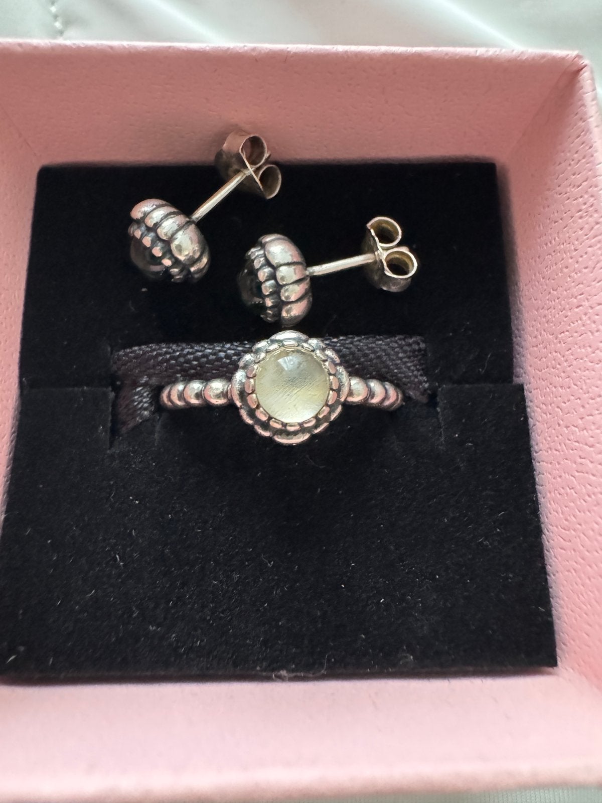 Pandora zilveren setje oorbellen +ring maat 54, Ophalen of Verzenden, Zo goed als nieuw, Zilver