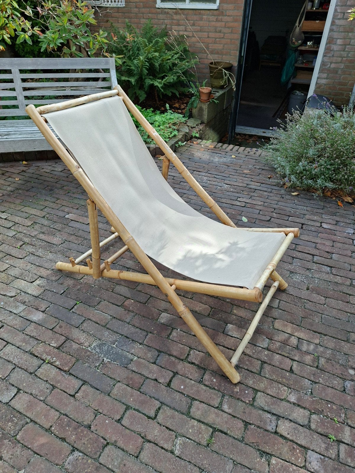 Bamboe strandstoel / ligstoel, Ophalen of Verzenden, Gebruikt, Hout, Inklapbaar