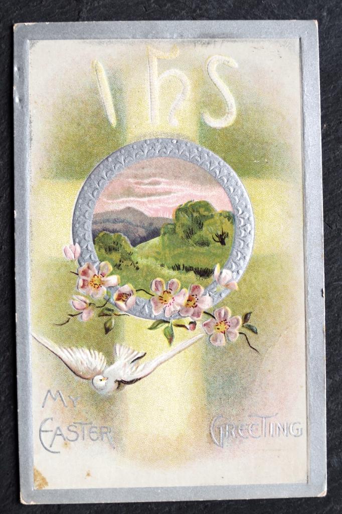 Reliefkaart IHS, duif, My Easter Greeting, religie, USA, Verzenden, Voor 1920, Gelopen, Overige thema's