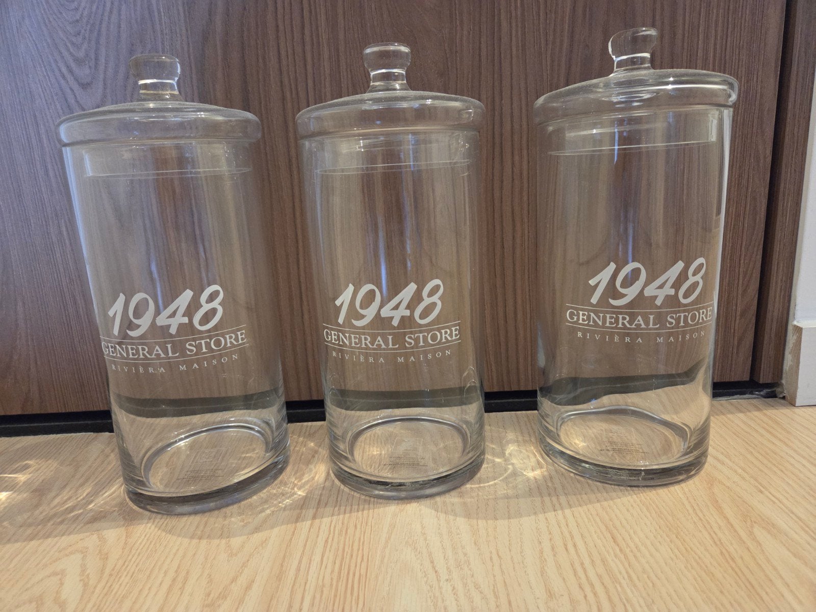 Drie voorraad glazen potten Riviera Mission, Glas, Ophalen, Zo goed als nieuw