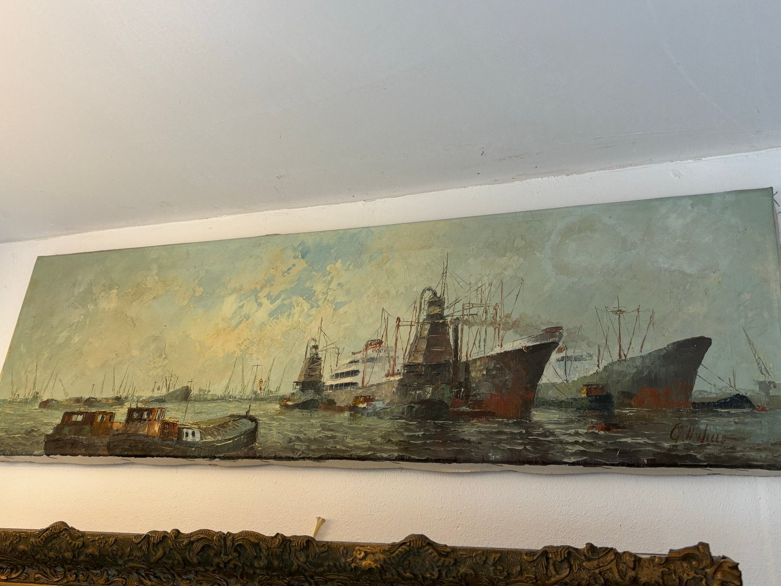 Groot Maritiem Schilderij - Olieverf op Doek, Antiek en Kunst, Maritiem / water, Doek, Realistisch, Ophalen of Verzenden