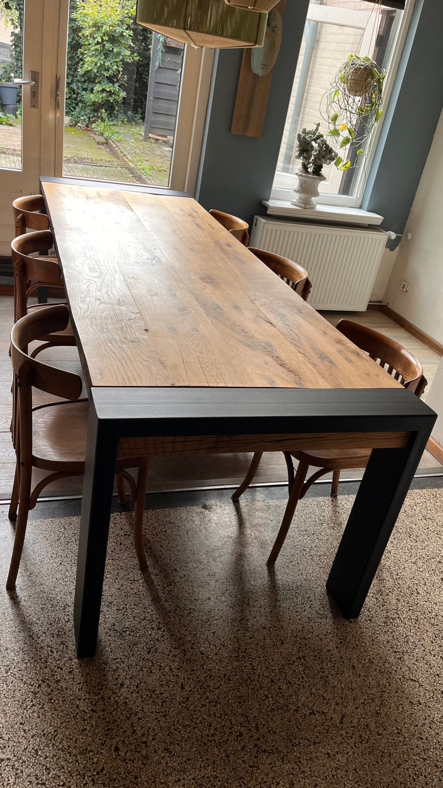 Industriële eettafel met thonet stoelen, Huis en Inrichting, Ophalen, 50 tot 100 cm, Zo goed als nieuw, Vijf personen of meer