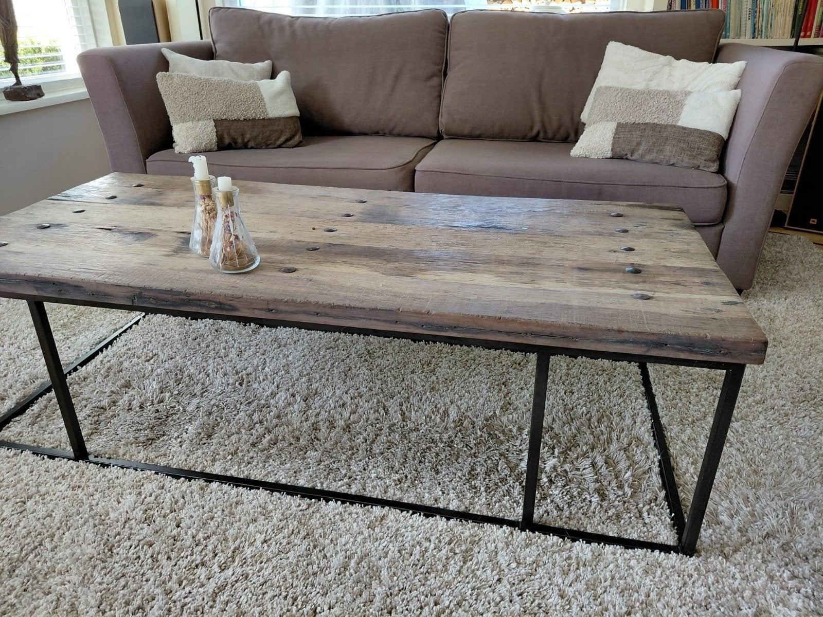 Robuuste salontafel van gerecycled hout en metaal, Gebruikt, 100 tot 150 cm, Industrieel, Landelijk, 50 tot 100 cm