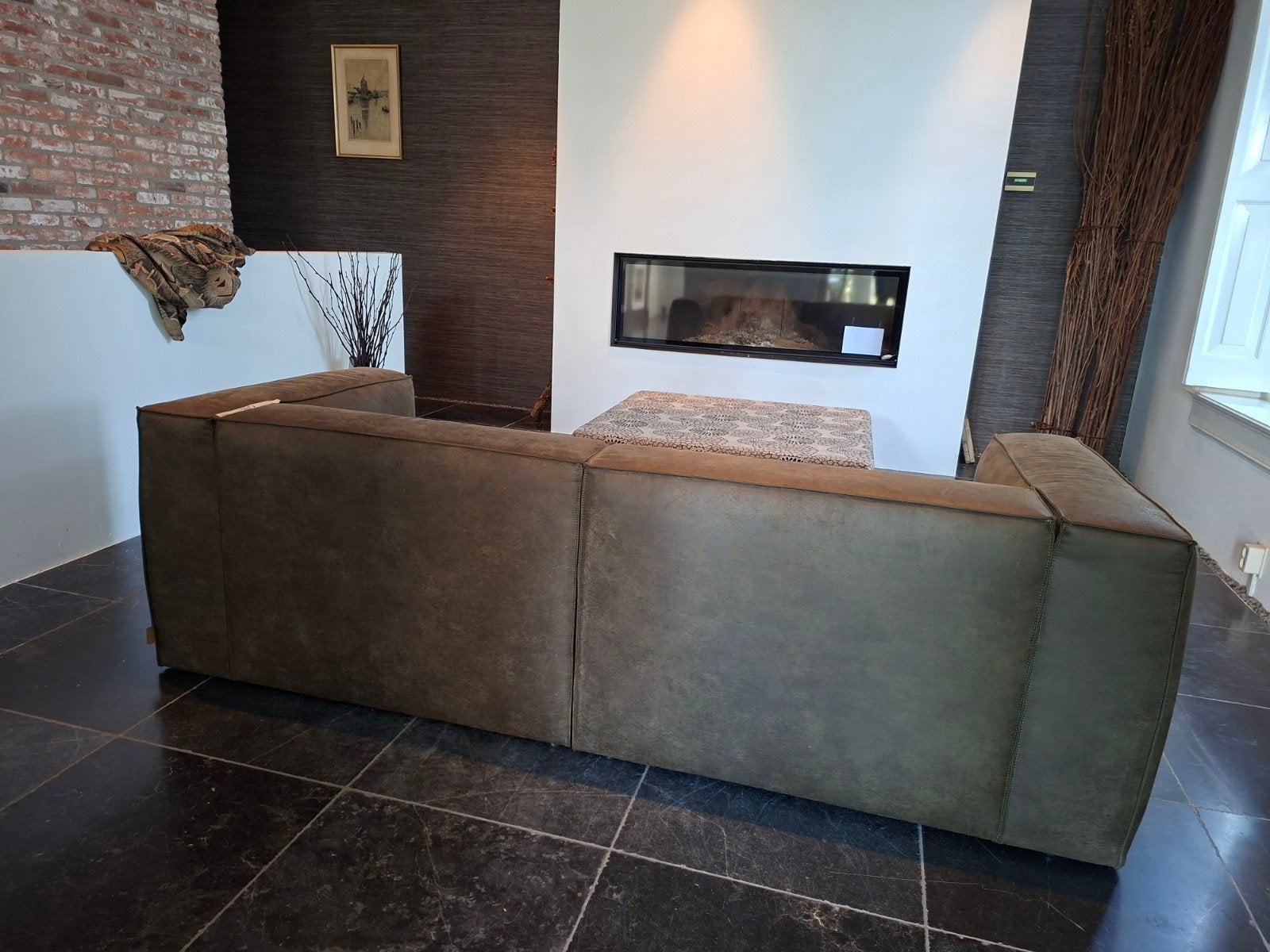 Wood Bean bank gerecycled leer - Nieuwstaat, Huis en Inrichting, Ophalen, Driepersoons, Zo goed als nieuw, Rechte bank