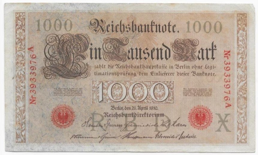 1000 Mark 1910 Reichsbanknote; two red seals 76A, Postzegels en Munten, Verzenden, Duitsland, Los biljet