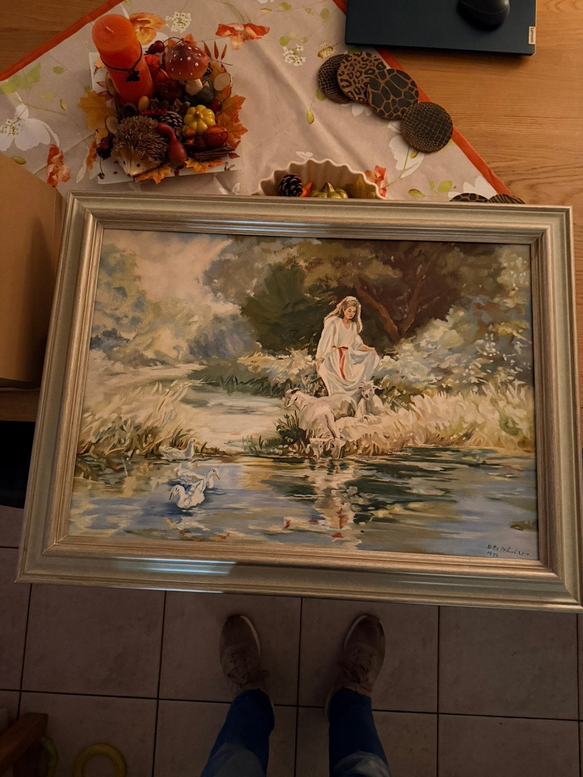 Schilderij groen met vrouw en geit., Ophalen, Acrylverf, Overige stijlen, Doek