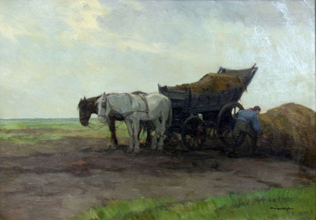 Willem Noordijk(1887) Olie op doek" Hooien Boer en Paard"Ges, Doek, Oud hollands, Ophalen of Verzenden, Landschap