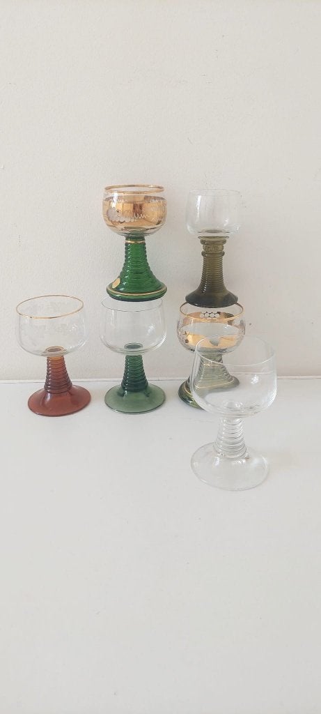 Set van 6 vintage Roemer wijnglazen glazen groen, bruin,, Eu, Eu, Overige typen, Ophalen of Verzenden
