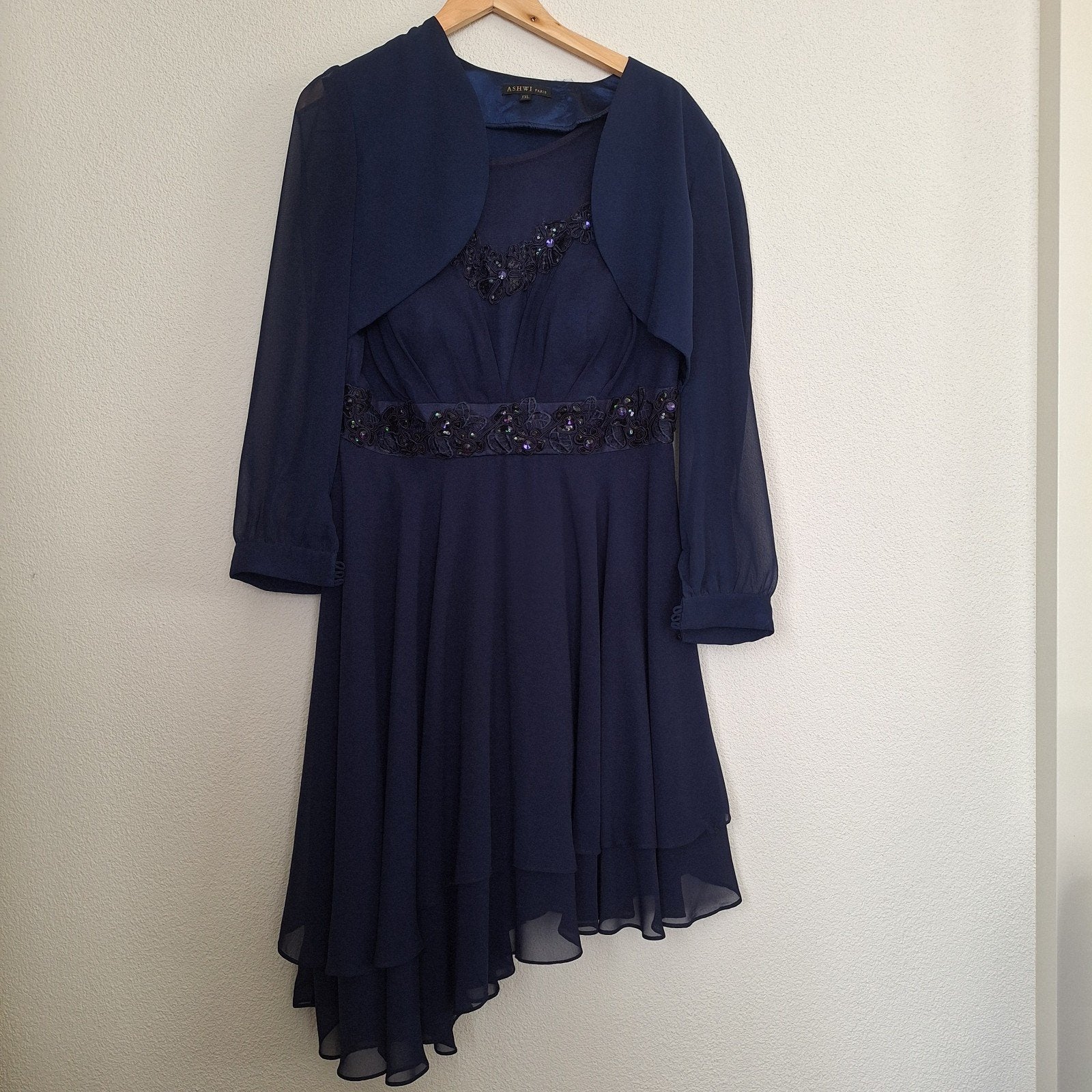 Cocktail (gala) jurk + bolero donkerblauw mt xxl/44, Ophalen of Verzenden, Zo goed als nieuw, Blauw, Knielengte