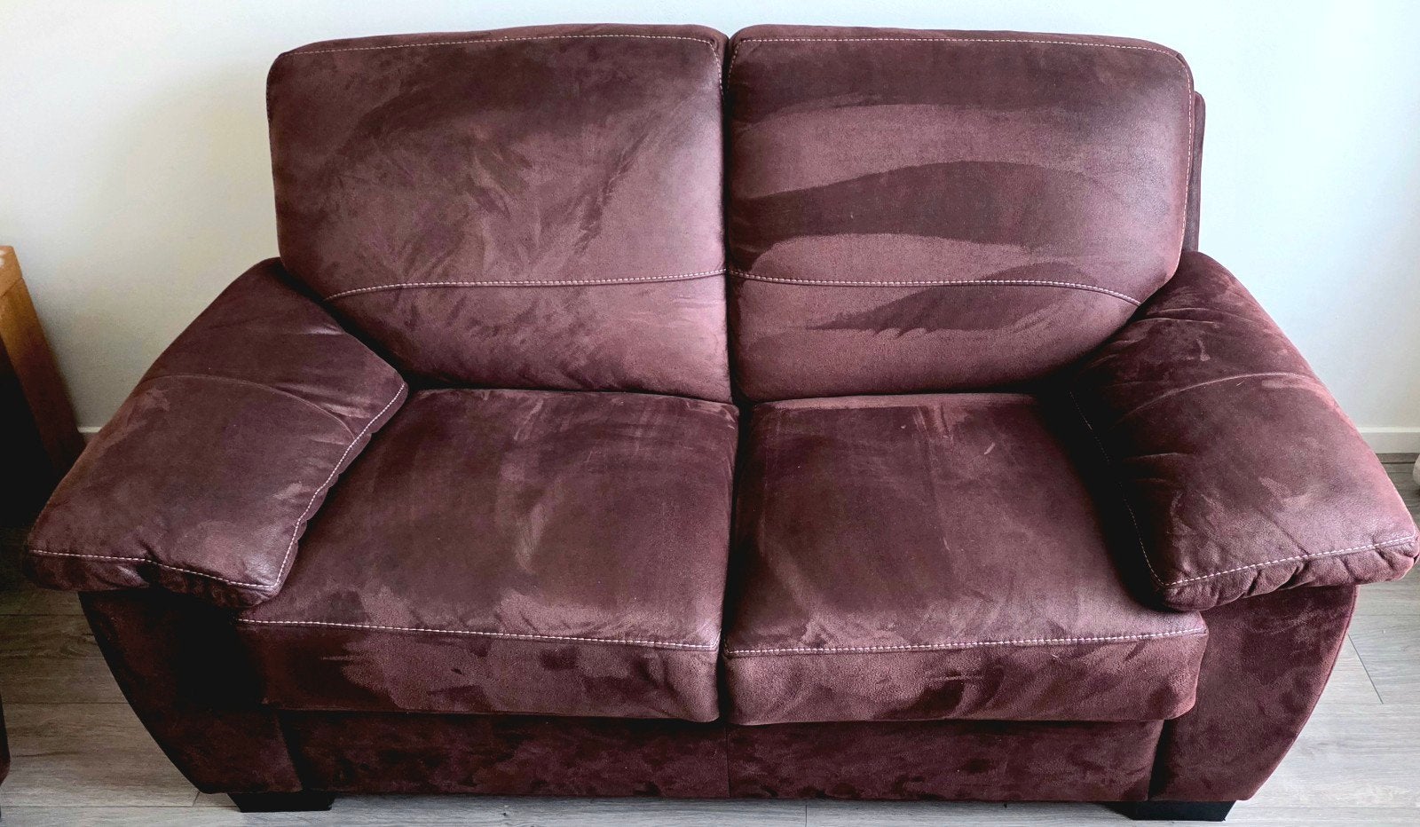 Complete woonkamer/eetkamer meubilair (suede & eikenhout), Ophalen