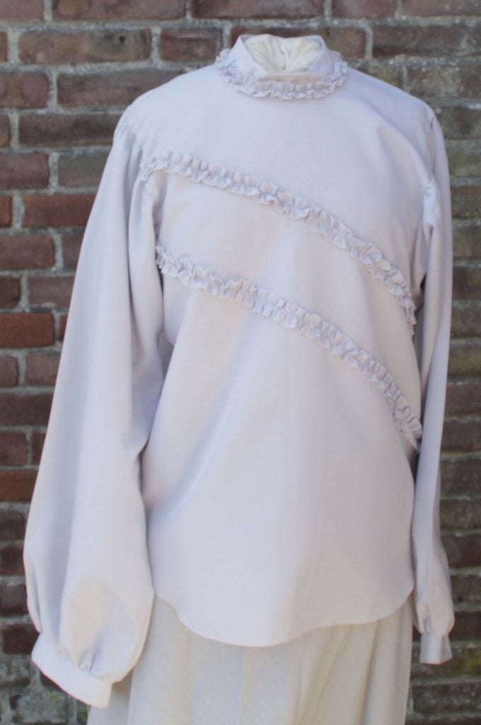Lichtgrijs, roesjes, mooie mouwen, jaren 80 blouse , maat 42, Carnaval, ., Maat 42/44 (L), Ophalen of Verzenden