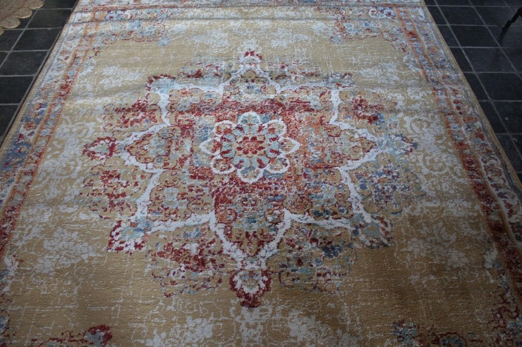 Warm Perzisch vloerkleed geel goud rood vintage 200x280, Ophalen, Blauw, 200 cm of meer, Rechthoekig