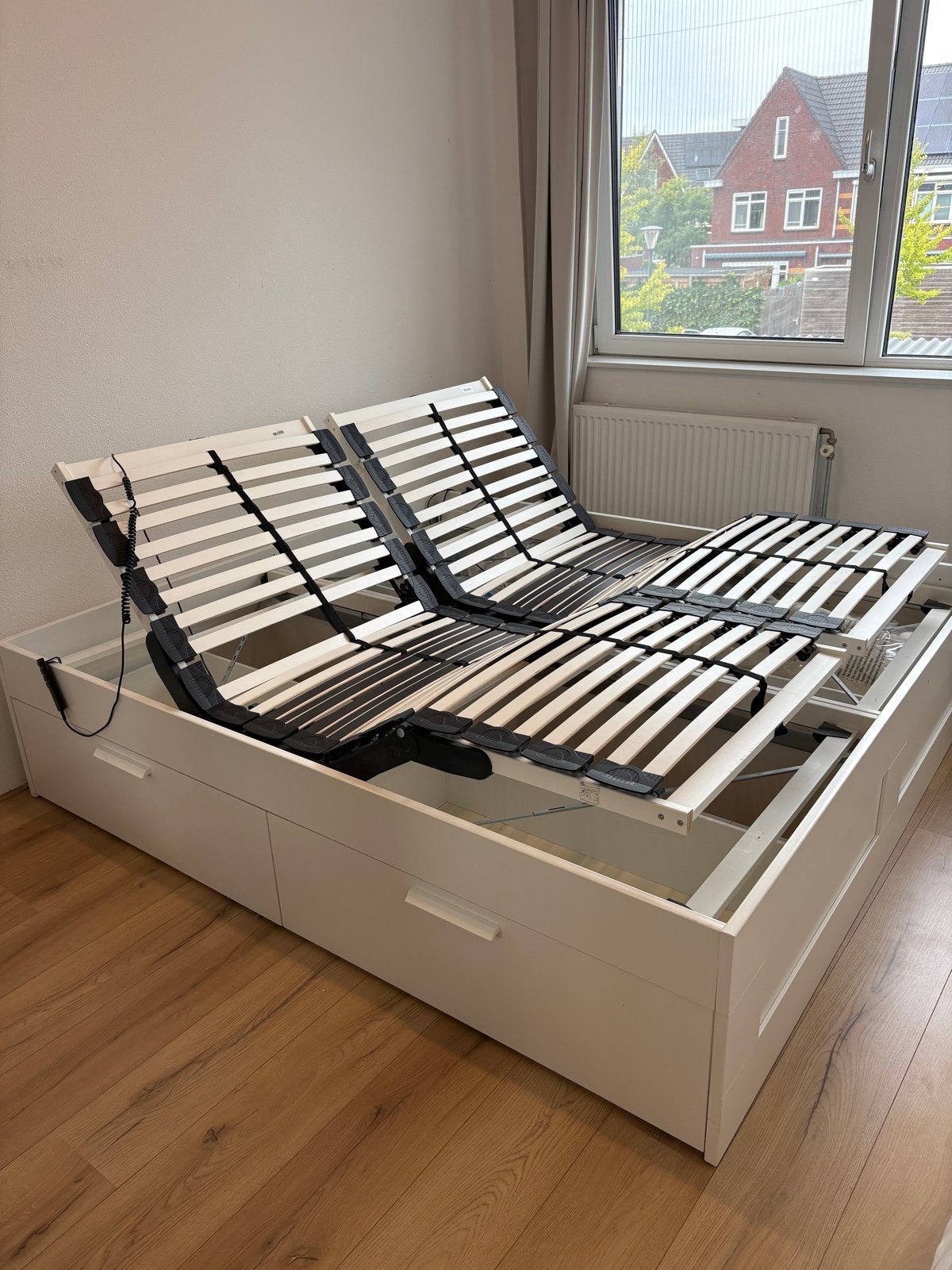 2-pers Bed met elektrisch verstelbare lattenbodem en 4 lades, Ophalen, Wit, Tweepersoons, 180 cm