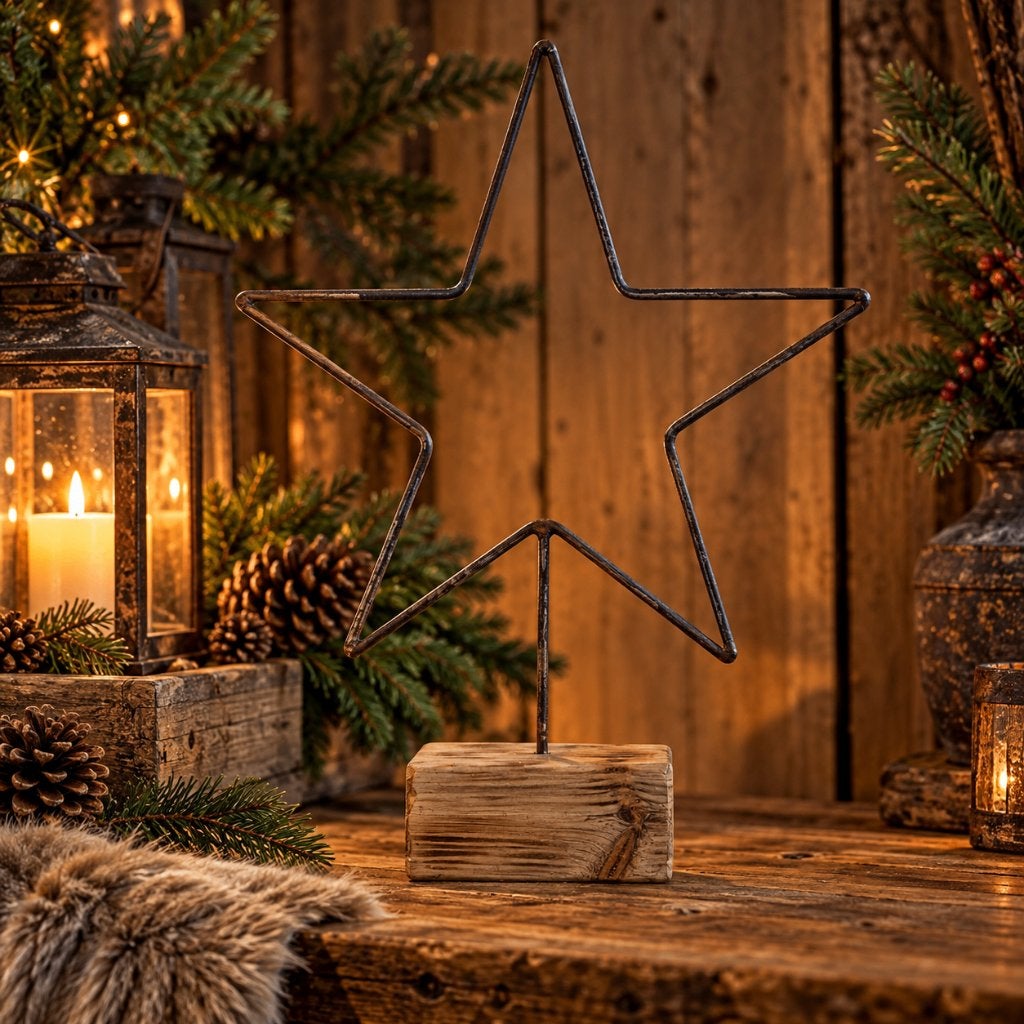 Handgemaakte ijzeren kersster + houten voet - Kerstdecoratie, Diversen, Nieuw, Ophalen of Verzenden