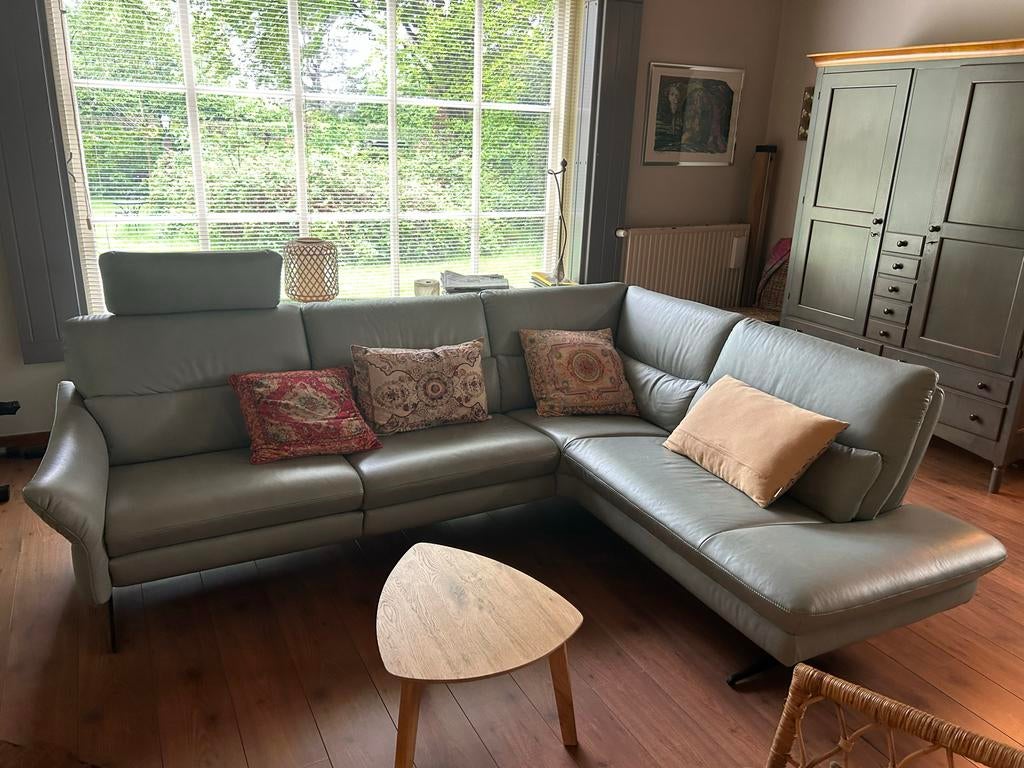 Groenblauwe Leren Hoekbank - Comfortabel en Stijlvol, Huis en Inrichting, 250 tot 300 cm, Gebruikt, 100 tot 125 cm, Hoekbank