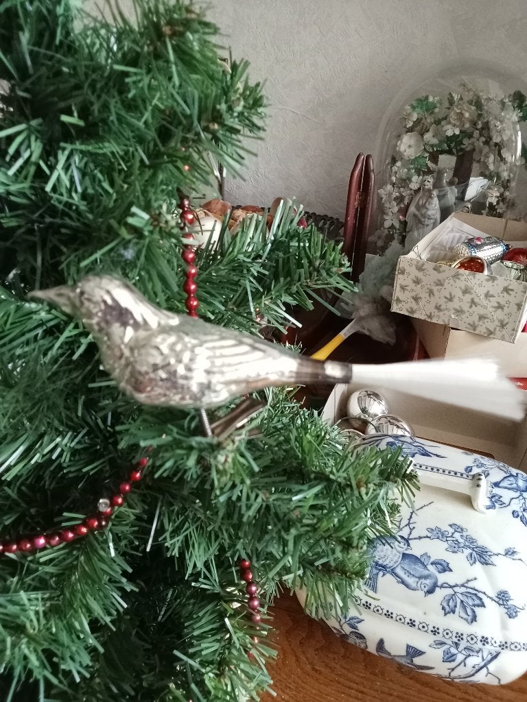zeer mooi oudere glazen vogeltje op clip groter model zilver, Diversen, Kerst, Ophalen of Verzenden, Gebruikt