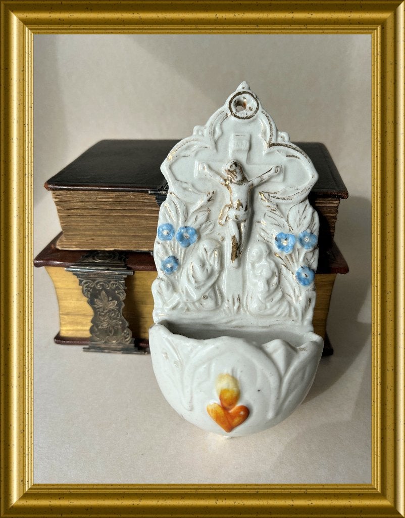 AntieAntiek porseleinen wijwatervaatje: corpus, heilig hart, Antiek en Kunst, Ophalen of Verzenden