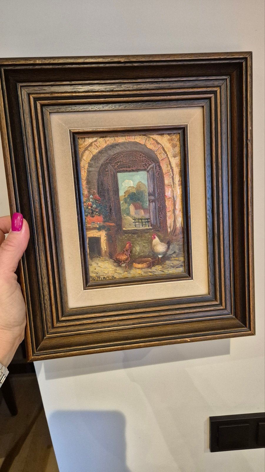 Oud Hollands schilderij met kippen en landschap, Oud hollands, Bijzondere lijst, Dieren, Ophalen of Verzenden