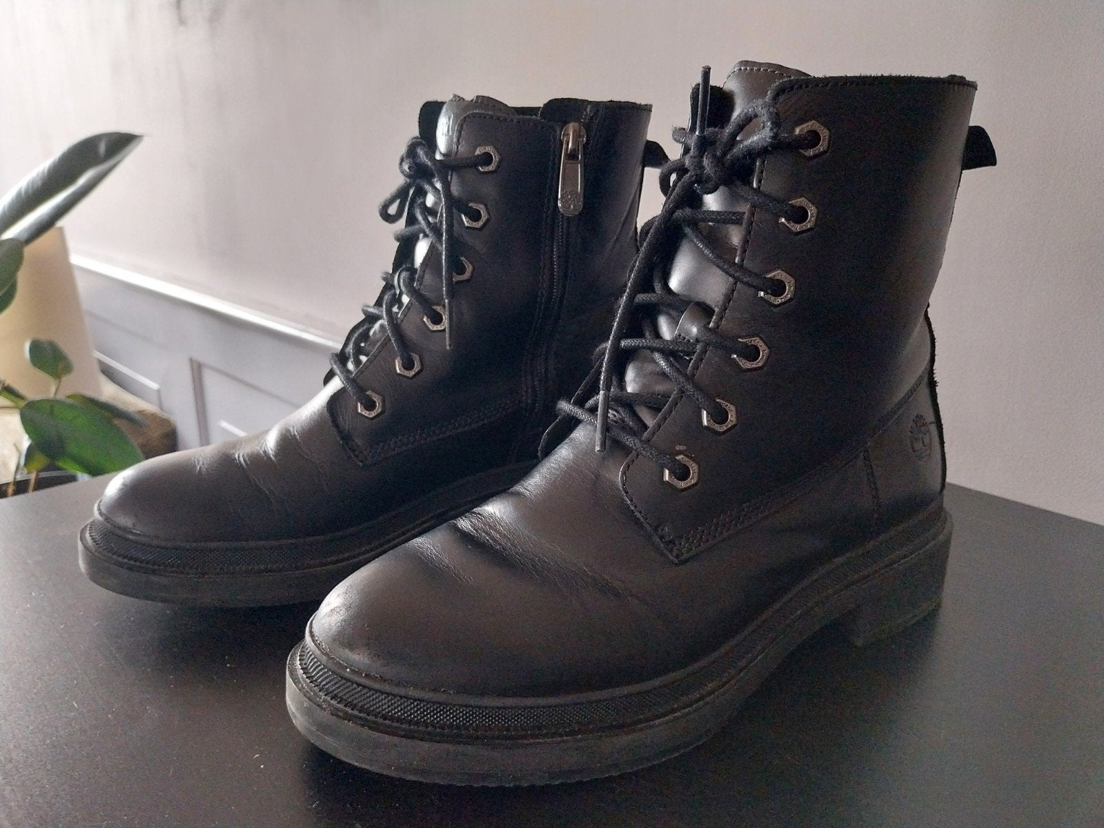 Timberland Zwarte Leren Veterlaarzen Maat 39, Zwart, Ophalen of Verzenden, Timberland, Gedragen