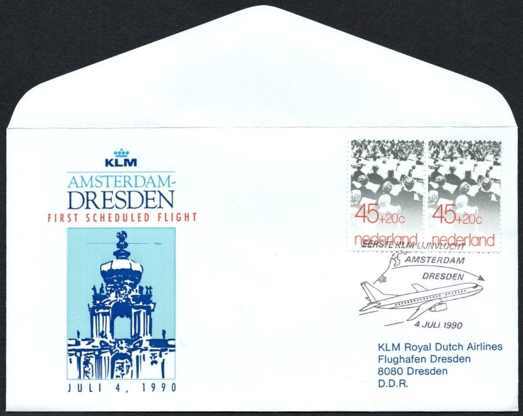 1e KLM vlucht Dresden DDR 1990, Postzegels en Munten, Brieven en Enveloppen | Nederland, Verzenden, Envelop