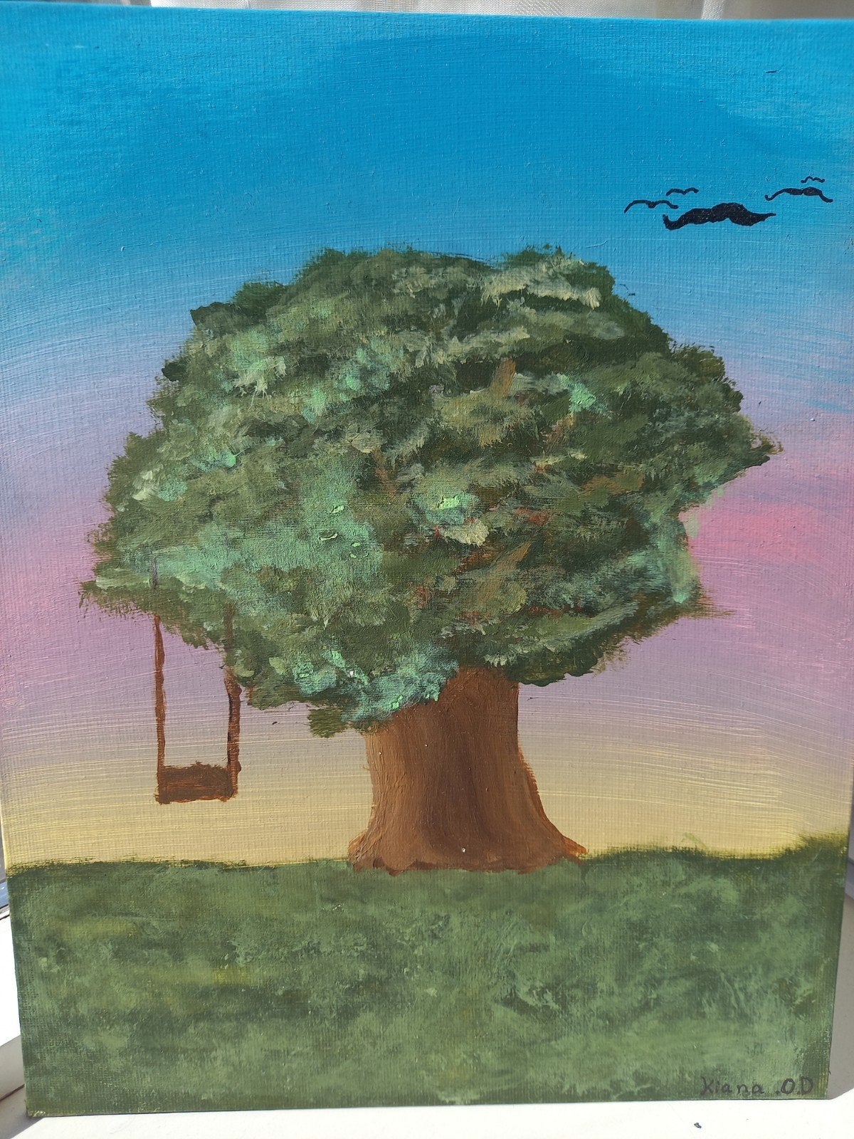 Schilderij A4: Boom met Schommel bij Zonsondergang, Landschap, Acrylverf, Ophalen of Verzenden, Gesigneerd