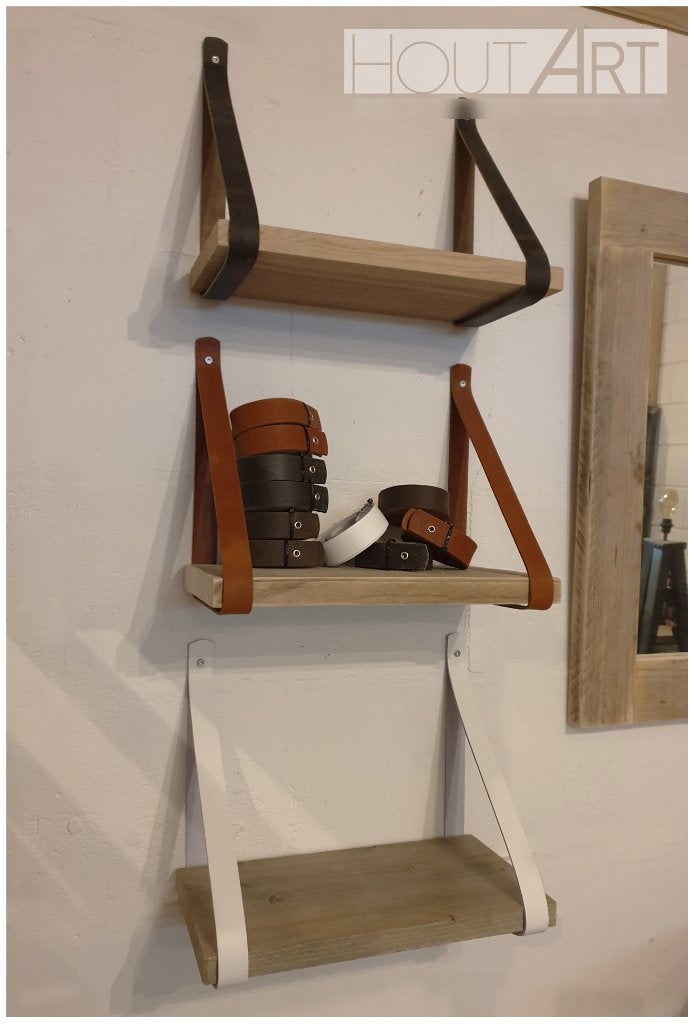 Wandplank met leren banden (diverse kleuren) in steigerhout!, Info@hout-art.nl, Nieuw, Ophalen of Verzenden, Hoeves 3 in Schijndel