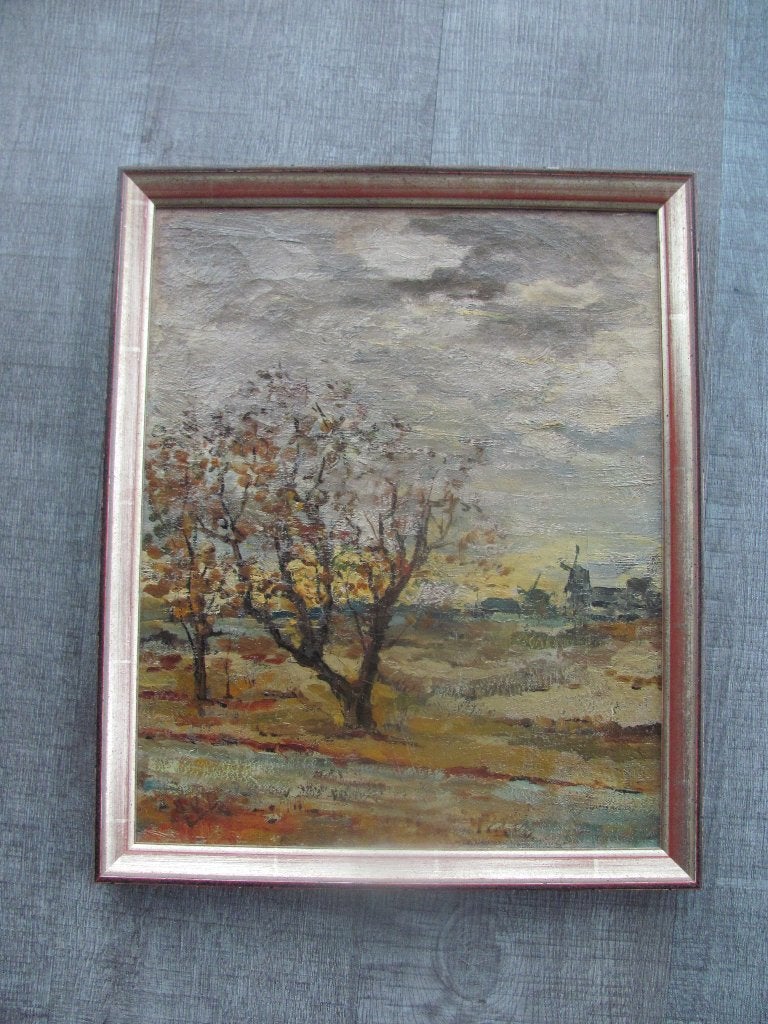 Landschap met molens - olieverfschilderij, Antiek en Kunst, Kunst | Schilderijen | Klassiek, Landschap, Nederlandse school, Olieverf