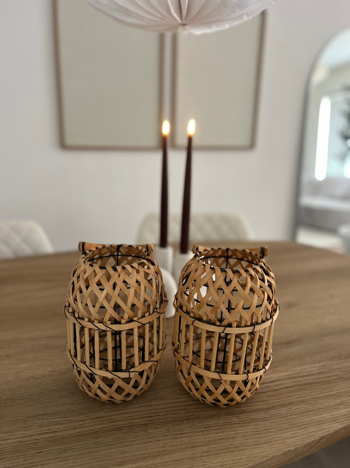 Set van 2 Bamboe Lantaarns / Windlichten, Ophalen of Verzenden, Zo goed als nieuw, Hout, Bruin