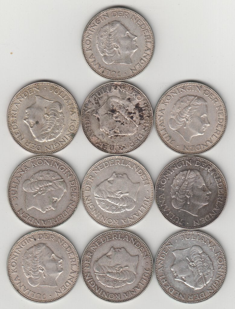 Juliana 10 stuks zilveren Rijksdaalder, Koningin Juliana, Zilver, Ophalen of Verzenden, Losse munt