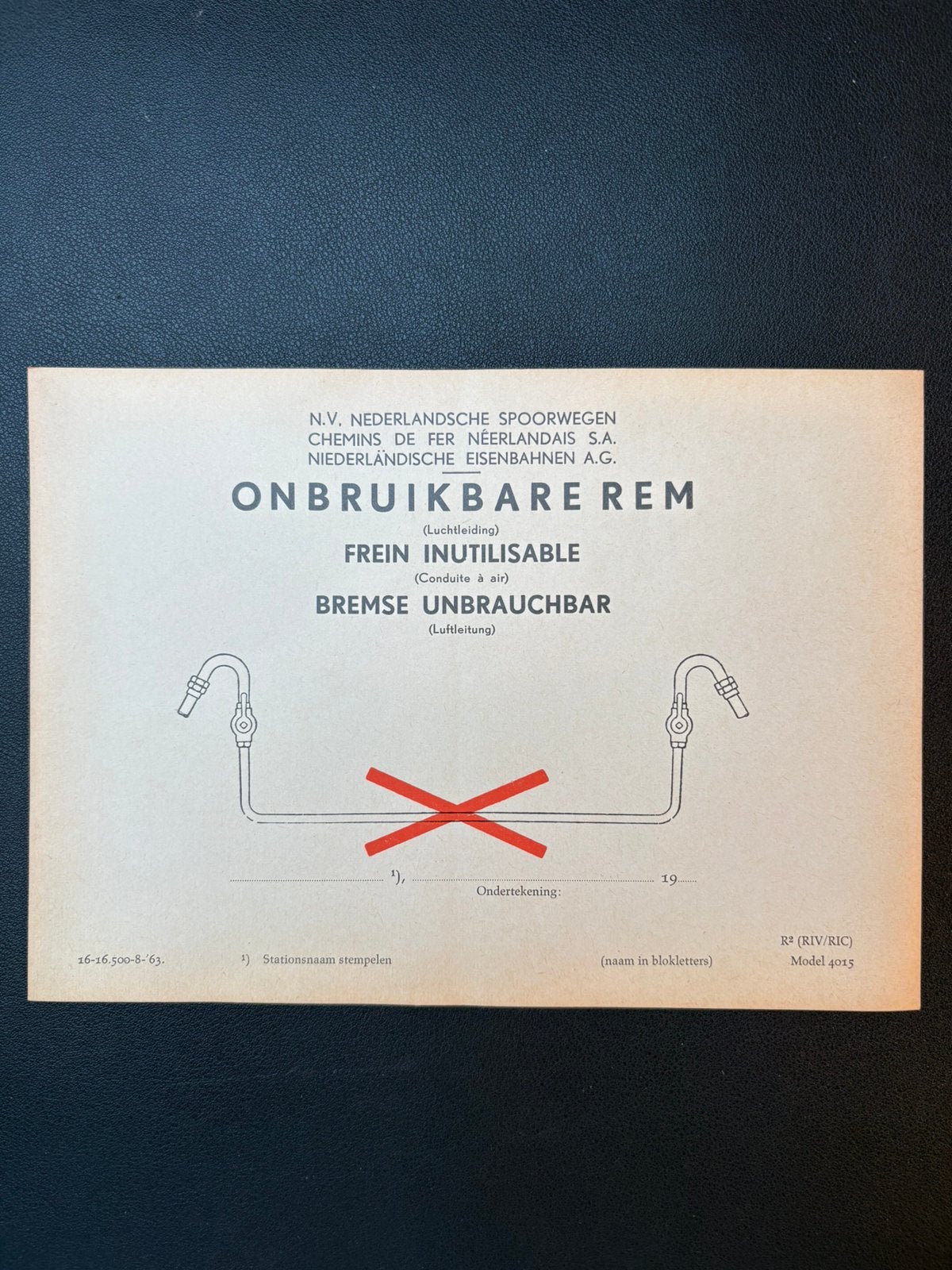 Etiket NS ‘Onbruikbare rem (luchtleiding) (1963), Ophalen of Verzenden, Zo goed als nieuw, Trein