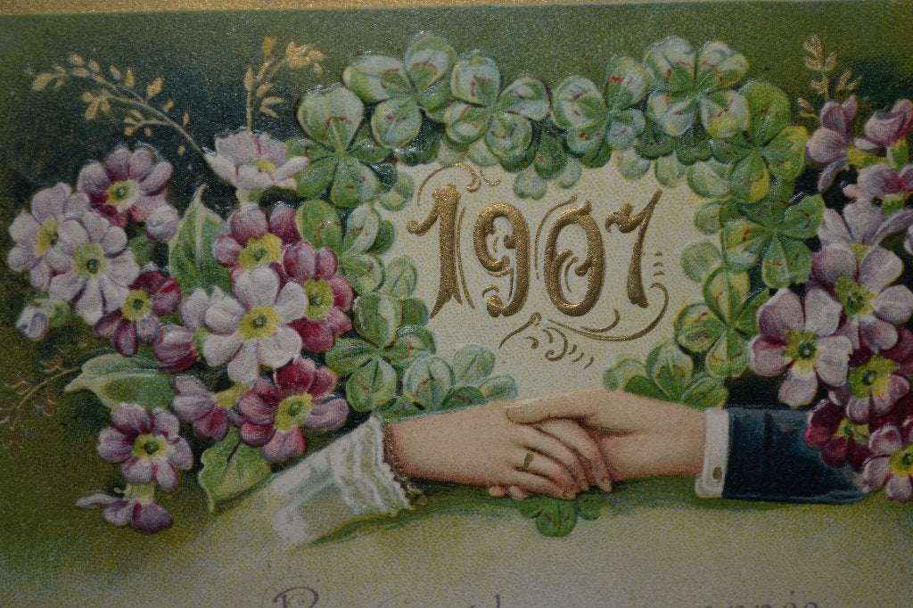 frankrijk nieuwjaar relief 1907 handen viooltjes bloesem, Ophalen of Verzenden, Voor 1920, Gelopen, Sterren en Beroemdheden